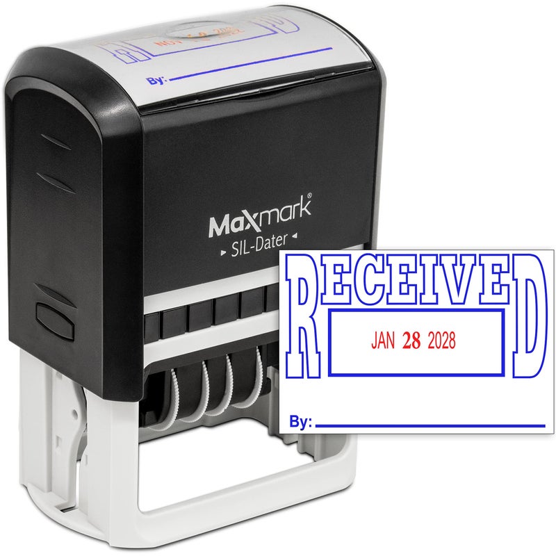 MaxMark Large Self-Inking Rubber Date Office Stamp with Received Phrase & Date - Blue/Red Ink, 12-Year Band - Style 5 - Image 1